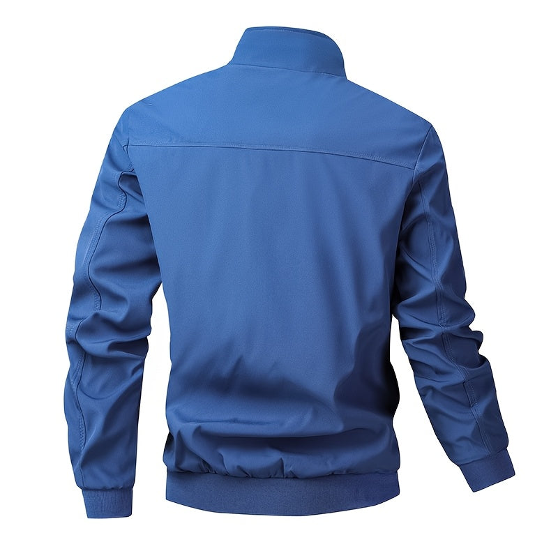 Men's Casual Royal Blue Bomber Jacket - Full Zip, Loose Fit, Polyester, Stand Collar, Long Sleeve, Lightweight & Durable for Spring and Fall, Casual Outerwear | Ribbed Cuff Sleeves | Durable Outerwear