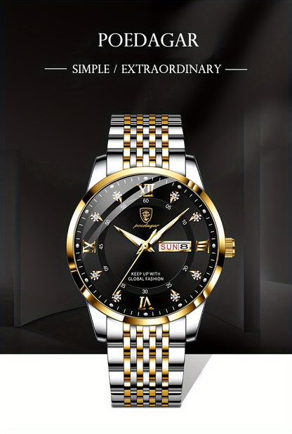 POEDAGAR Classic Men'S Stainless Steel Quartz Watch, IPX8 Luminous Weekly Calendar Watch for Men, Perfect Gift Option, Suitable for Women
