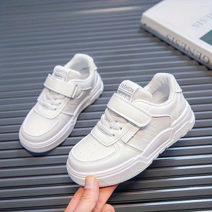 Youngsters' Stylish White Skate Sneakers - Casual & Sporty Low-Top Shoes with Hook-and-loop Fastener Closure, Breathable Fabric Lining, Durable Rubber Sole for Boys & Girls, Perfect for Running, Walking & Casual Attire, Skate
