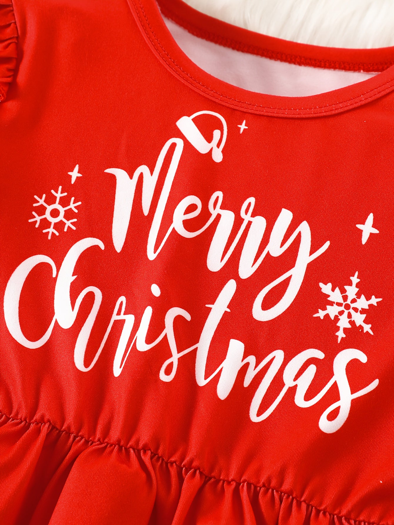 Girls' Christmas Party Dress - Long Sleeve Ruffled Hem Mid-Length Red Dress with Merry Christmas Print, Snowflakes & Santa Hats - Casual Holiday Outfit for Autumn & Winter Festive Celebrations, Durable Construction, Quality S