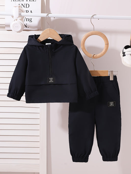 Boys' Casual Solid Color Zip-Up Hooded Jacket and Long Pants Set, Polyester, Non-Stretch Fabric - Ideal for Fall/Winter, Autumn Winter, Fashion, Perfect for Outdoor