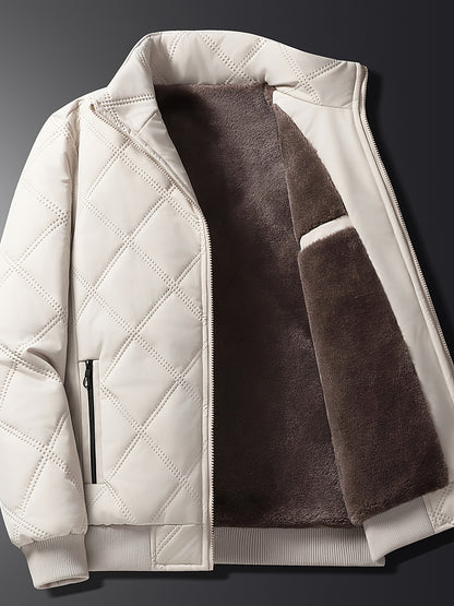 Men's Quilted Fleece Jacket with Stand Collar & Full-Zip Closure - Thick Winter Coat, Black/Brown & Warm Lining, Casual Outdoor Winter Wear for Skiing,, Cold Weather (Hand Wash/Dry Clean)