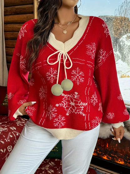 QD0915240 Women's Christmas Snowflake Lazy Loose Top, Casual Elegant Vacation Style, Autumn and Winter