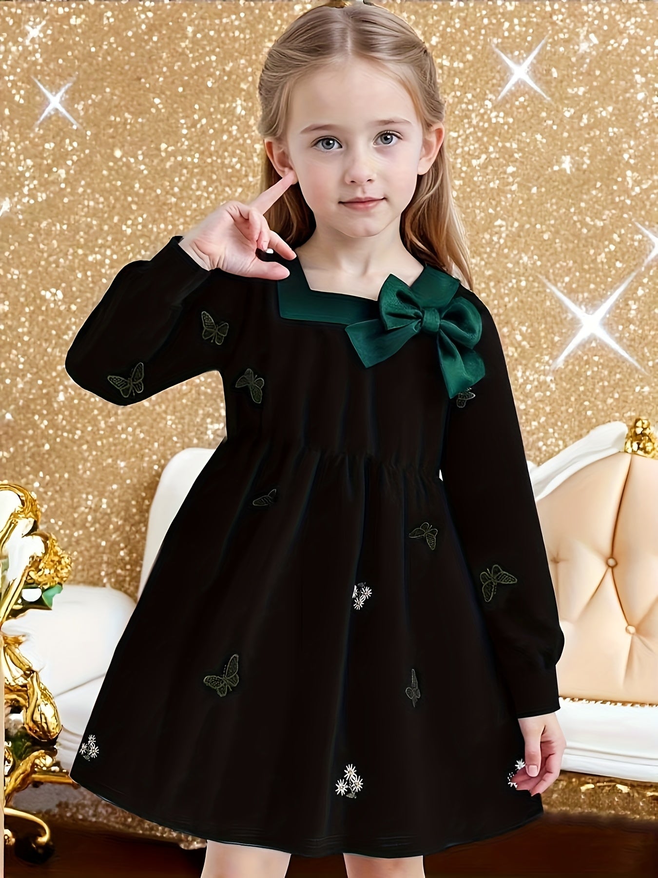 Dreamy Party Dress for Girls - Sweet 3-D Bow with Playful Embroidered Accents, Long Sleeve Spring/Fall Holiday Gathering Outfit