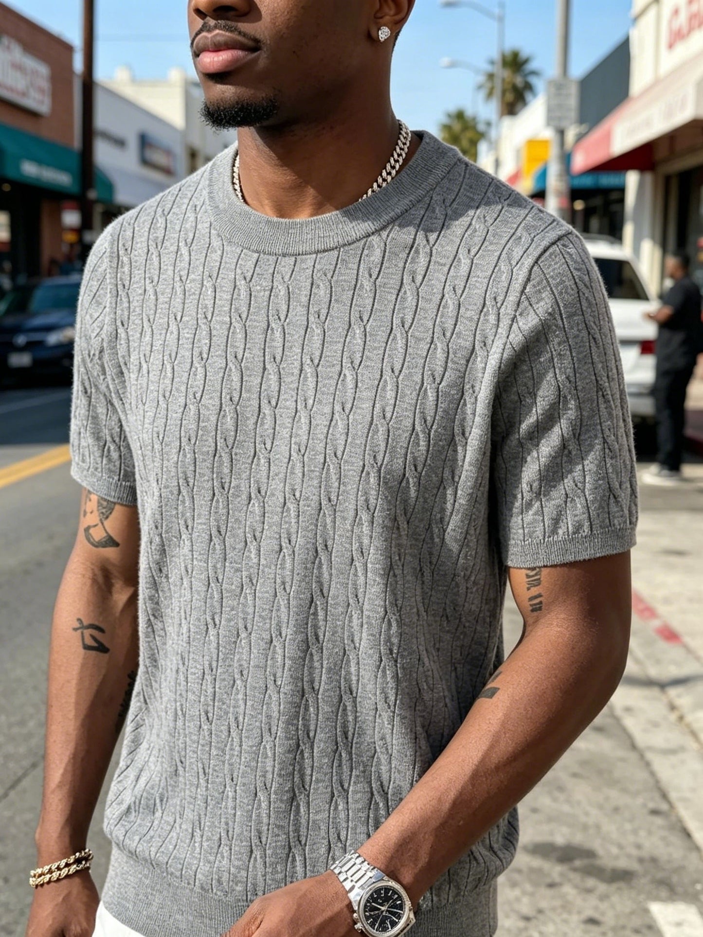 Men's Classic Cable Knit Crew Neck T-Shirt for Summer