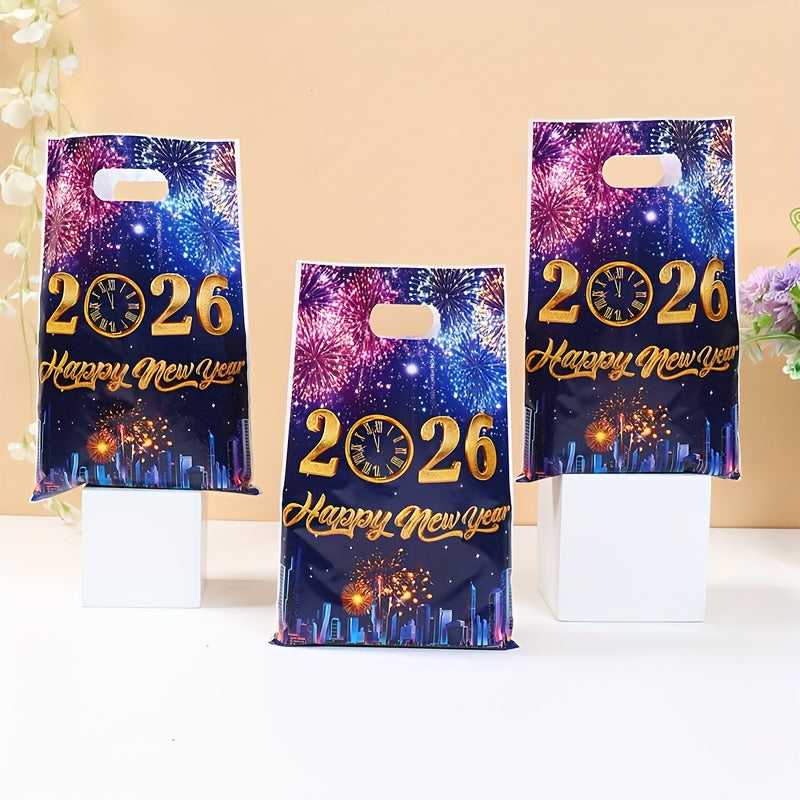 10/25/50pcs FengRise 2026 Happy New Year Fireworks Countdown Clocks Gift Bags - Vibrant Fireworks & Cityscape Design, Durable Plastic Party Favor Bags for New Year'S Eve, Birthday, Wedding Decorations, New Year Gifts, Festive