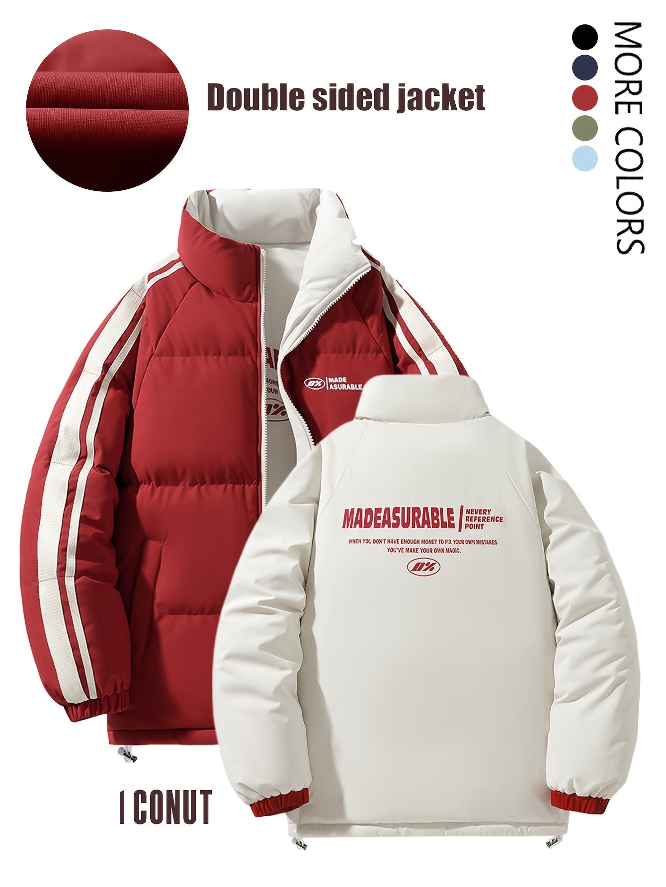 Տղամարդու երկկողմանի ձմեռային բաճկոն՝ հաստացված, կանգուն օձիքով, կայծակաճարմանդով և «MADEASURABLE» և «I CONUT» գրությամբ, սև և սպիտակ, սովորական չափսի՝ աշնանային և ձմռան համար, աշնանային վերնազգեստ, համարձակ գրություն, դիմացկուն գործվածք