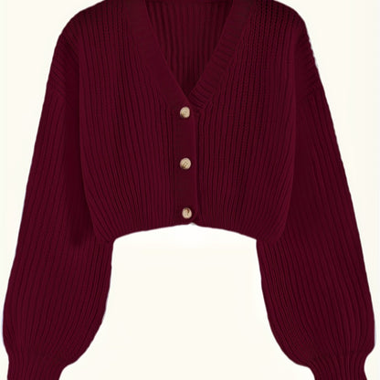 Elegant Drop Shoulder Women's Knit Cardigan with Contrasting Buttons - Long Sleeve, Ribbed Detail, Polyester, Perfect for Fall/Winter