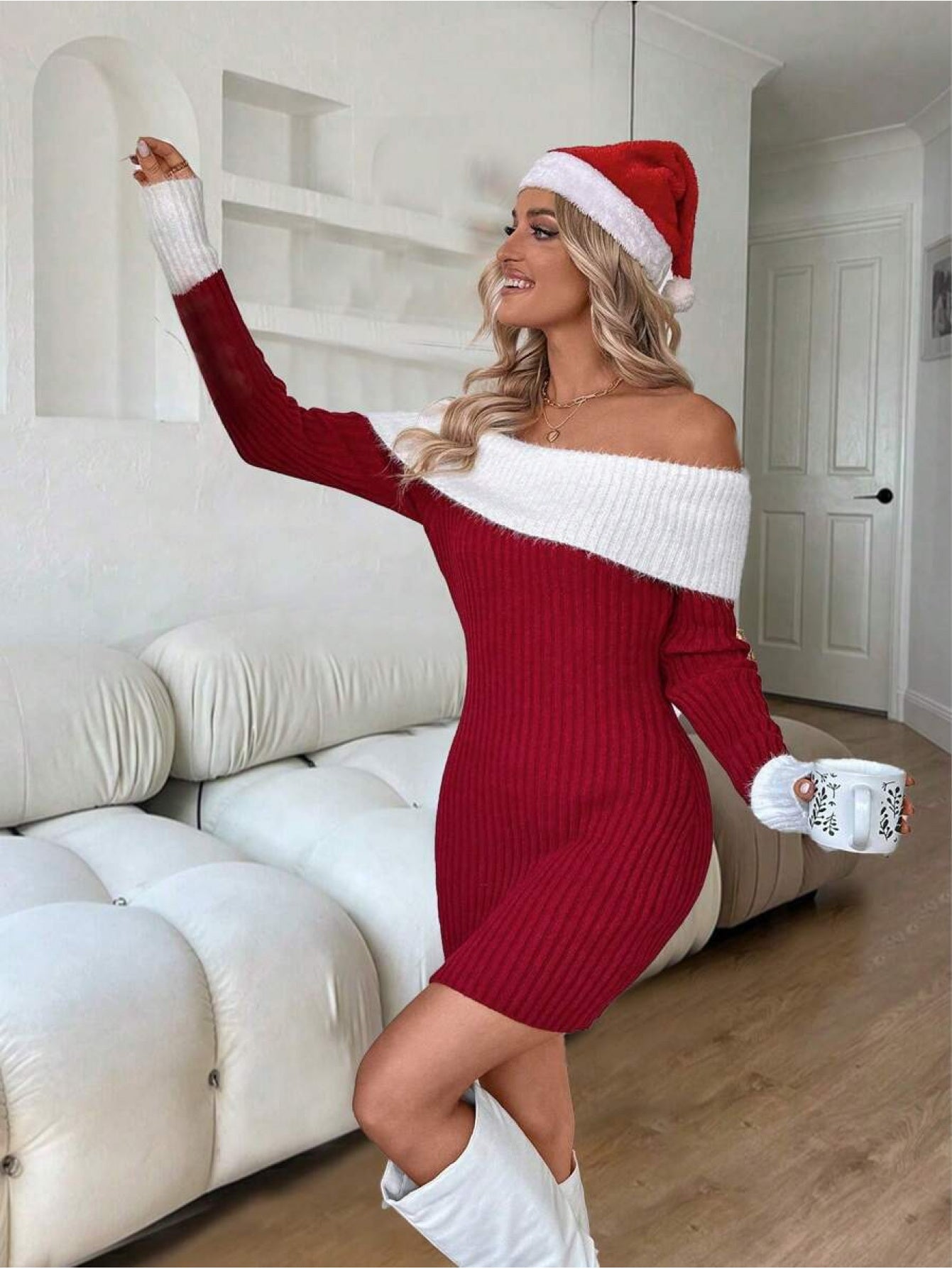 Կանացի էլեգանտ զգեստ՝ բաց ուսերով/նավակաձև դեկոլտեով, գունավոր բլոկներով կրծկալով և միագույն կտորով - Ձմեռային հարսանեկան հյուրի զգեստ, Սուրբ Ծննդյան երեկույթի զգեստ, ձեռքով լվացվող աշնանային/ձմեռային պաշտոնական հագուստ (ոչ)