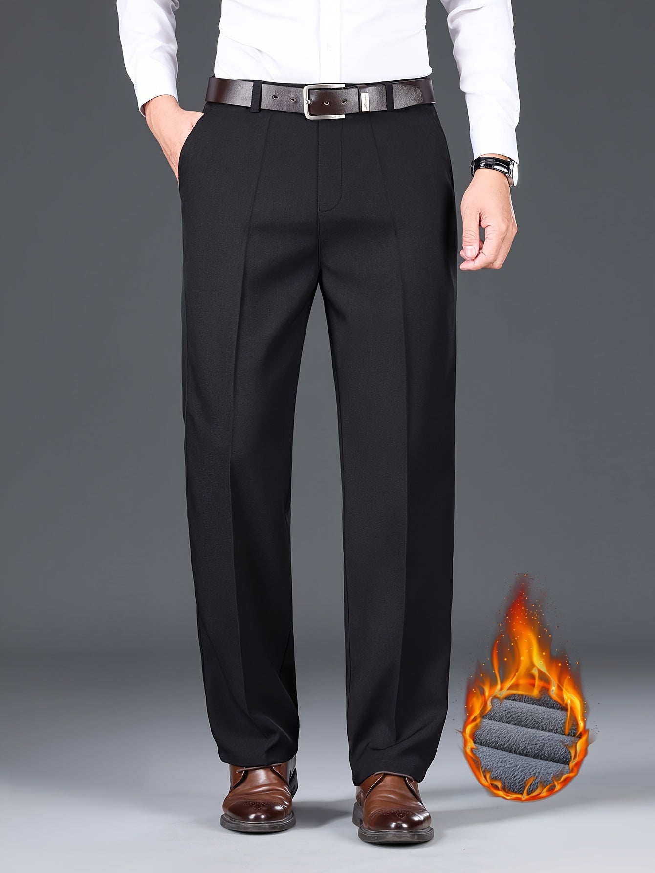 Men'S Solid Color Polyester Dress Pants - Fall/Winter Warm Fleece-Lined Thickened Straight-Leg Trousers with Slant Pockets, Regular Fit, Non-Stretch Woven Fabric, Long Length