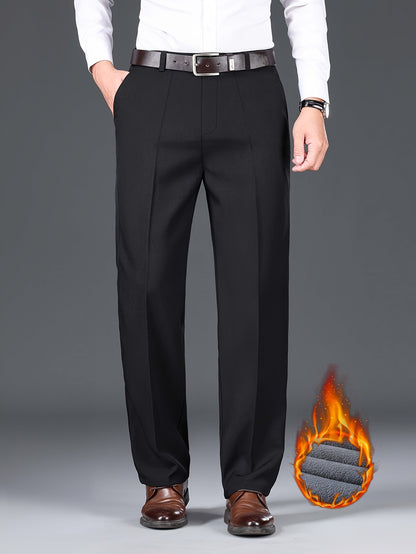 Men'S Solid Color Polyester Dress Pants - Fall/Winter Warm Fleece-Lined Thickened Straight-Leg Trousers with Slant Pockets, Regular Fit, Non-Stretch Woven Fabric, Long Length