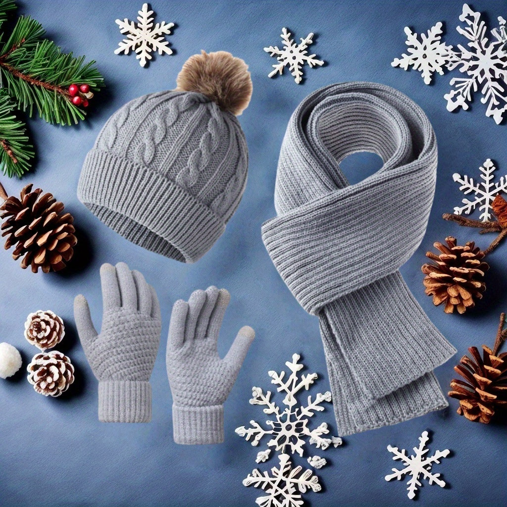 3pcs Set - Adult Warm Set Winter Hat Scarf Gloves, a Three-In-One Comfortable Set Integrating Hat And Scarf, Cold And Frost Protection, Suitable for Daily Commute, Shopping And Outdoor Activities