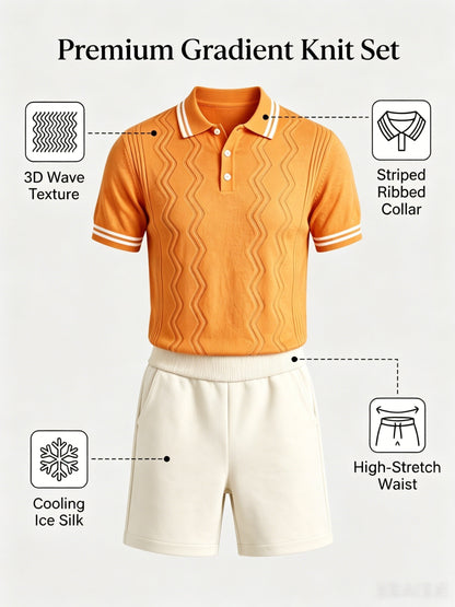 Men's Vintage Knit Polo & Shorts Set with Contrast Trim