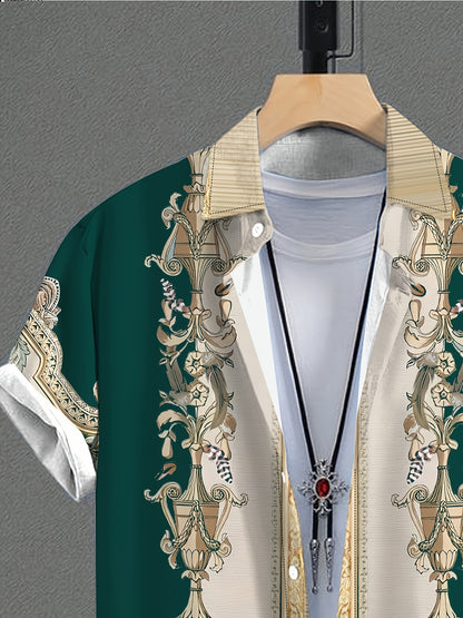 Men's Summer Green Baroque Print Short-Sleeve Shirt & Shorts Set