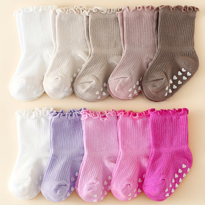 5 Pairs of Sweet And Cute Spring And Autumn Multi-Color Girls' Wood Ear Edge Non-Slip Mid-Tube Socks
