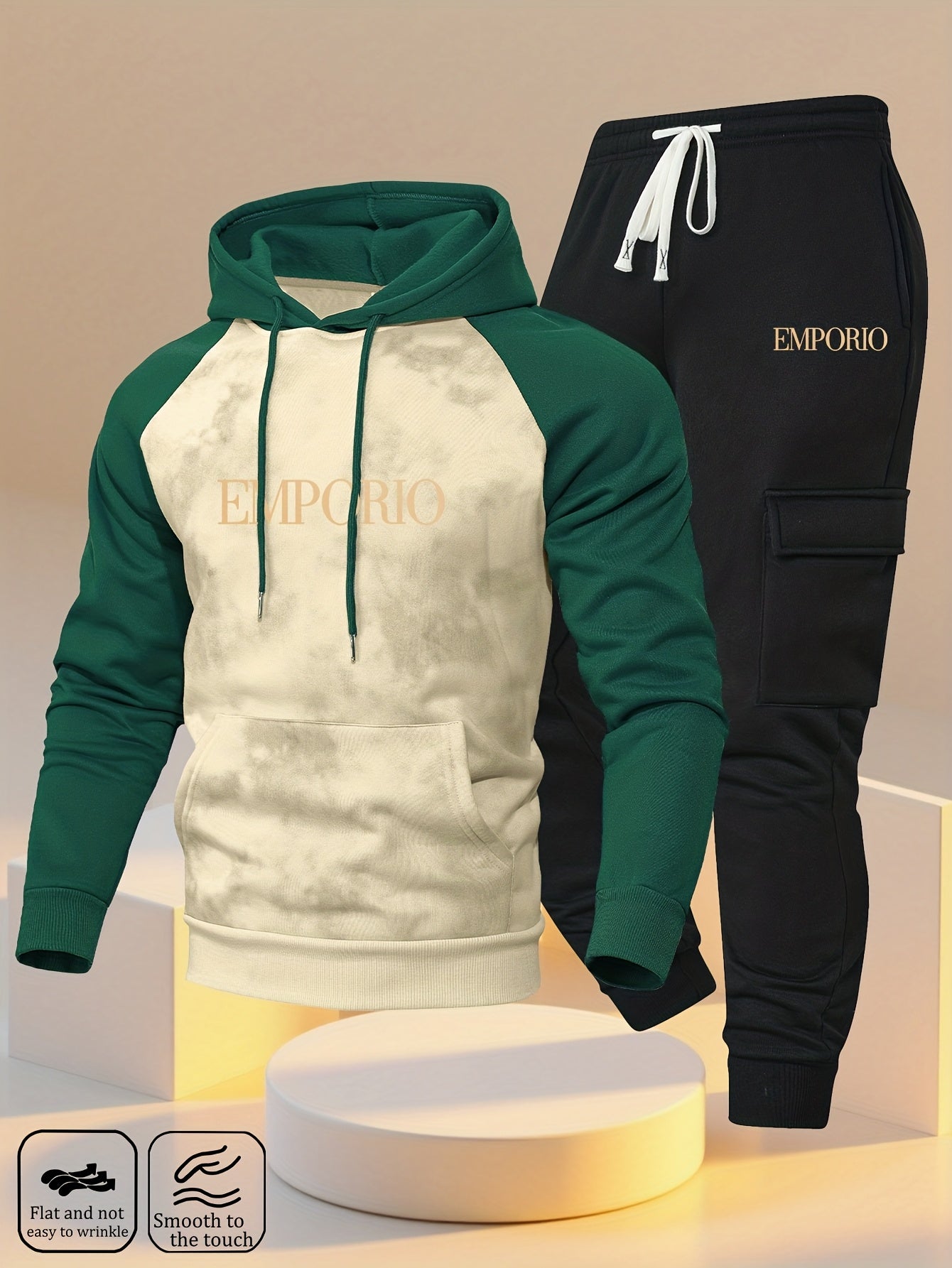 New Trendy Fashion Raglan Sleeve Colorblock Hoodie and Loose Cuffed Drawstring Cargo Pants with Multiple Pockets, Casual Daily Comfortable Versatile Breathable Hooded Sweatshirt and Loose Long Pants 2pcs Set with Stylish Prin