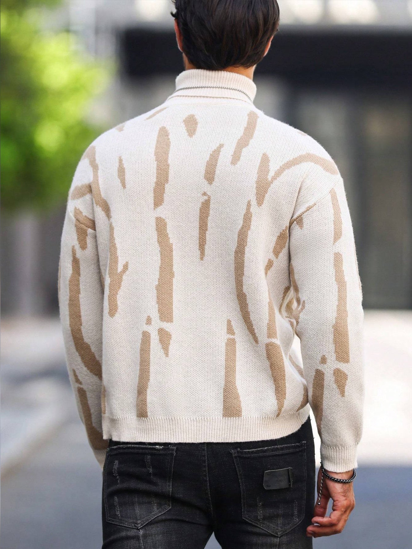 Men's Zebra Stripe Knit Sweater - High Neck Winter Pullover with Zebra Stripes, Warm Casual Sweaters for Weather, Hand Washable Fall/Winter Wardrobe Essential (Regular Fit)