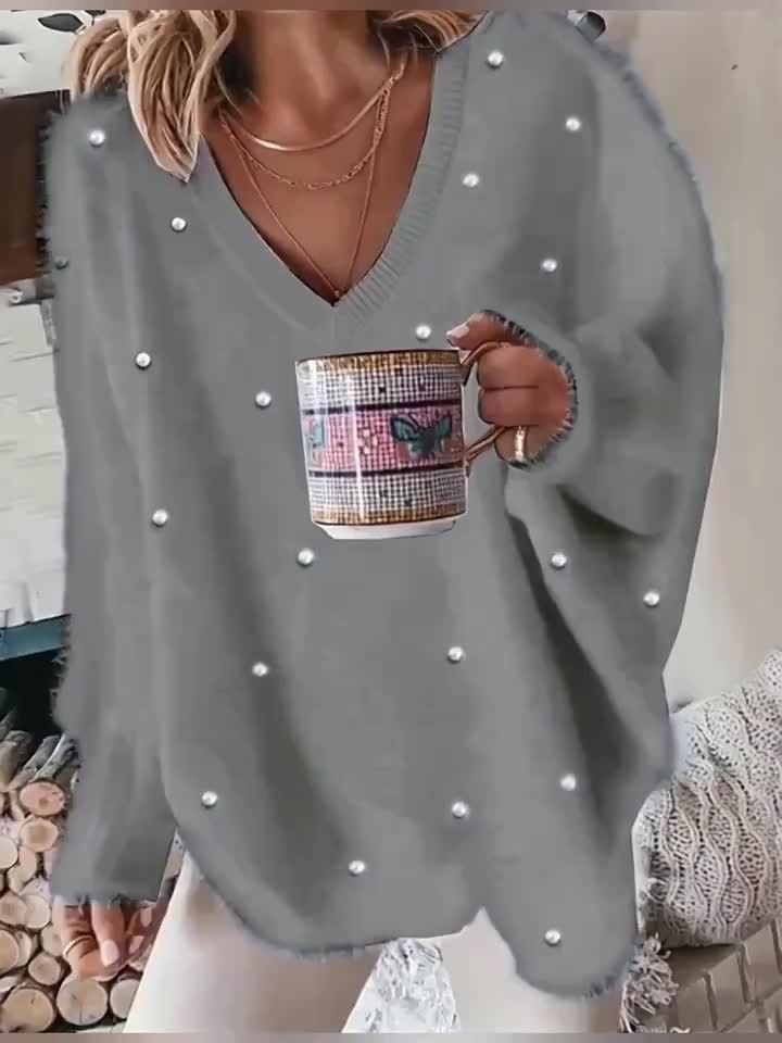 Մեծ չափս - Կանացի հարմարավետ դեղին V-ձև օձիքով սվիտեր՝ մարգարիտ կոճակներով և բրդյա եզրերով թևքերով - Ասիմետրիկ եզր, երկրաչափական նախշ, առօրյա ձմեռային սվիտեր առօրյա հագուստի համար, Ձմեռային հագուստ | V-ձև օձիքով սվիտեր | Մարգարիտ կոճակների մանրամասներ, Sw