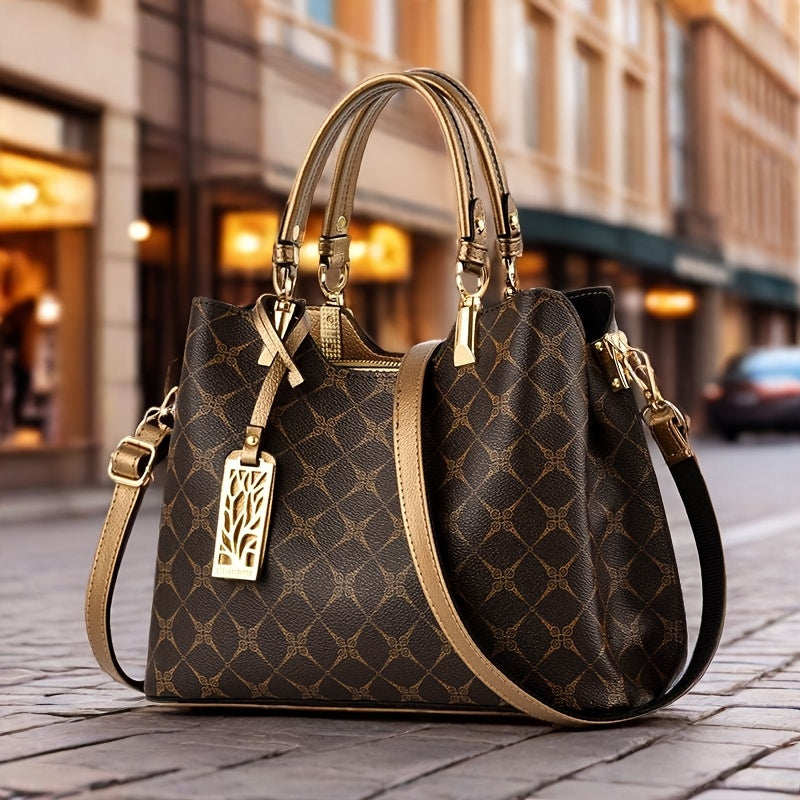 Women's Top-Grain Leather Handbag with Adjustable Strap - Geometric Pr