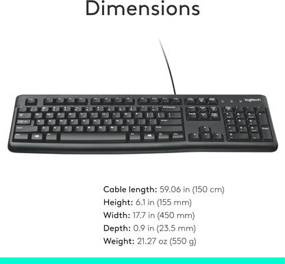 Logitech K120 Wired Keyboard for Windows, Plug and Play, Full-Size, Spill-Resistant, Curved Space Bar, Compatible with PC, Laptop - Black