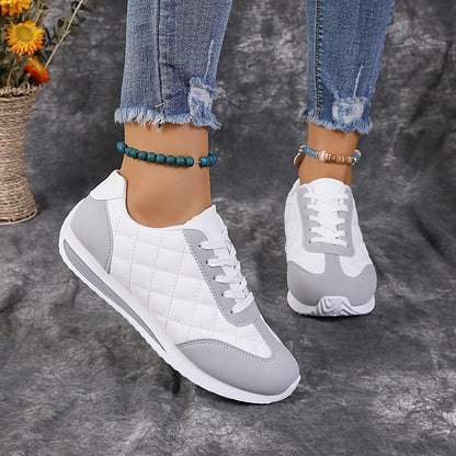 Women's Contrast Color Casual Sneakers, Lace Up Lightweight Soft Sole Walking Shoes, Low-top Quilted Pattern Trainers plus size