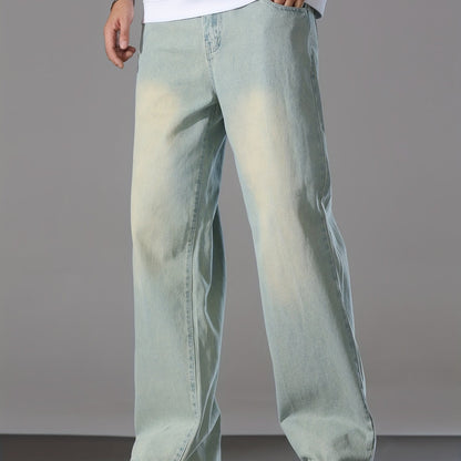 Men's Loose Solid Denim Barrel Pants With Pockets, Causal Cotton Blend Jeans For Outdoor Activities