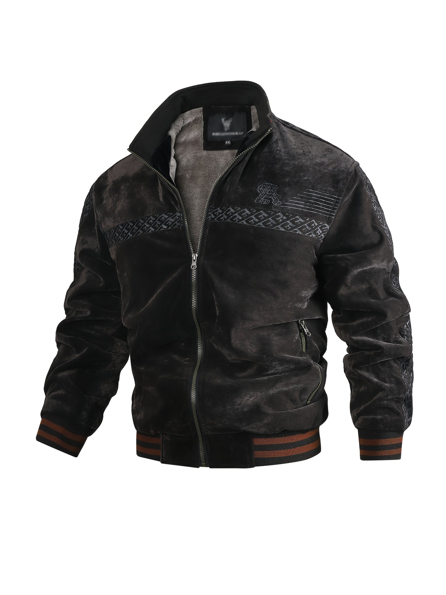 Men's Winter Fleece Jacket with Ribbed Cuffs and Stand Collar