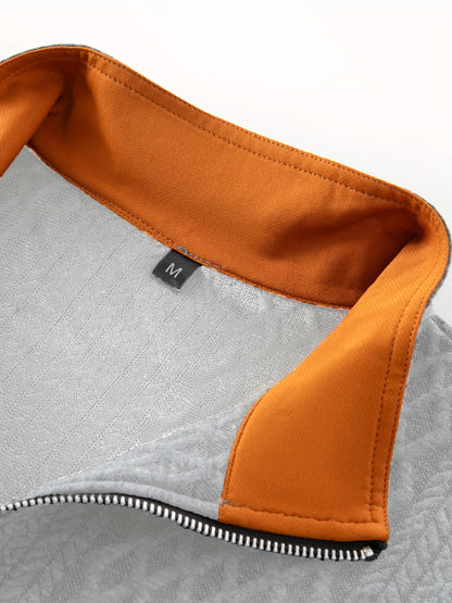 Men's Beige & Orange Contrast Full-Zip Jacket - Winter Warmth Loose-Fit Tailored Coat with Stand Collar, Zippered Pockets & Full-Zip Closure, Machine Washable Casual Outerwear for Men (Beige/Orange) - Ideal for Fall and Winte