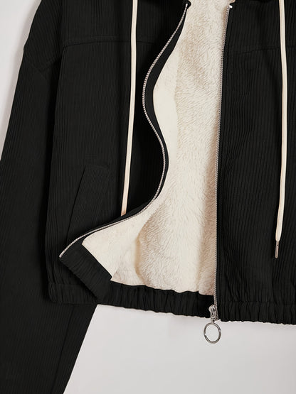 Կանացի սև գլխարկով բաճկոն՝ բրդյա աստառով - Ձմեռային վերարկու՝ ամբողջական կայծակաճարմանդով, առջևի ամբողջական կայծակաճարմանդով փակվող, կայծակաճարմանդով գրպաններ, լվացքի մեքենայով լվացվող արտաքին պատյան