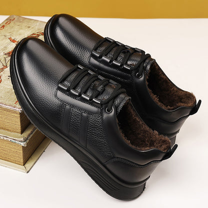 Men's All-Day Comfort Winter Shoes with Faux Fur, Elasticated Laces - Genuine Cowhide Upper & Sole, Low-Top Round-Foot Design for Warmth & Traction - All- Suitable for Travel, Work, Outdoor & Casual Wear