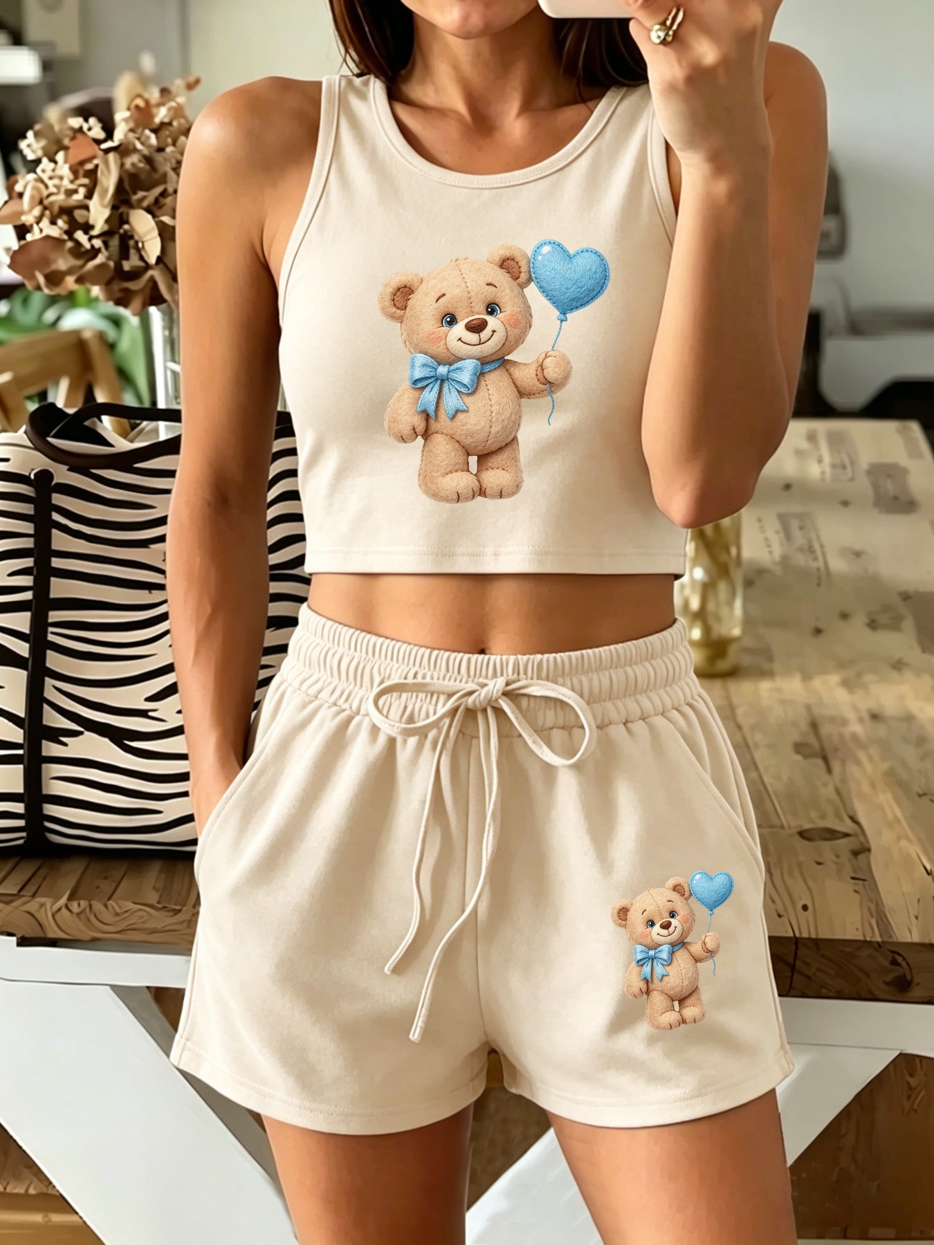 Casual Women's Two-Piece Vest and Shorts Set with Pattern Print