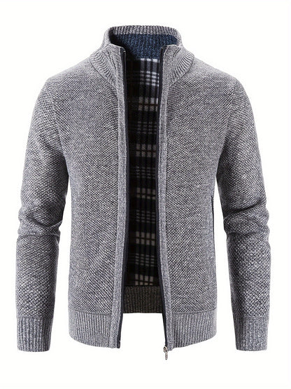 Men's Solid Fleece Knitted Cardigan With Pockets, Casual Long Sleeve Turtle Neck Zip Up Warm Sweater For Winter Fall Outdoor Activities