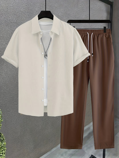 Men's Casual Short-Sleeve Shirt and Straight-Leg Pants Set