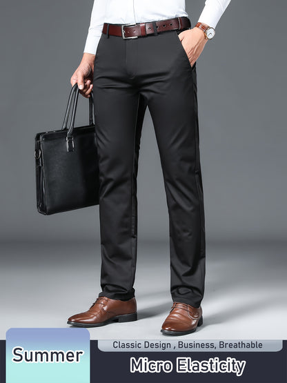 Men's Solid Pants With Pockets, Light Business Style Regular Fit Trousers For Outdoor Activities, Daily Wear For Spring And Autumn