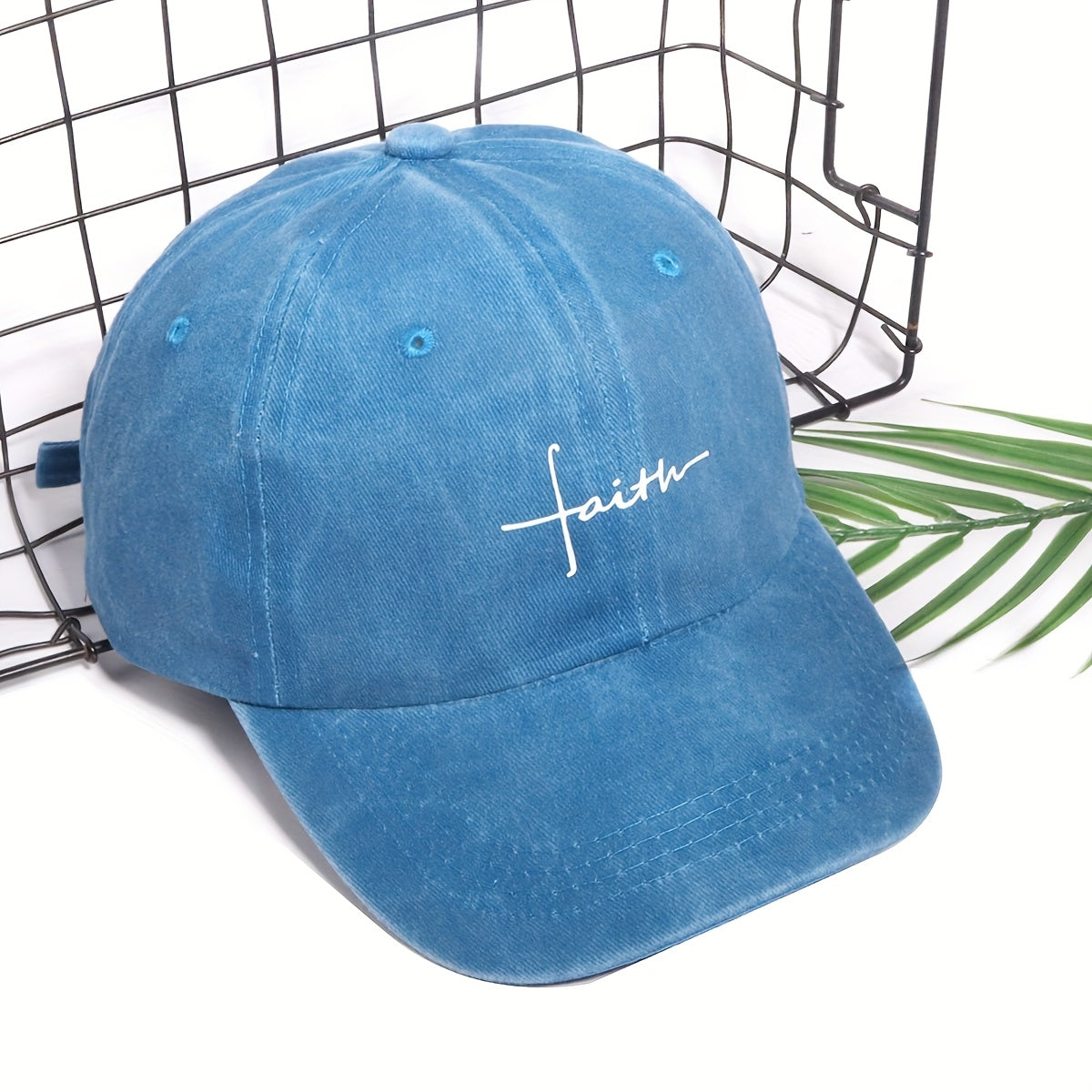 Vintage Street Style Water Wash Denim Polyester Baseball Cap, Faith Print, for Men, Women