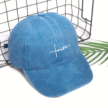 Vintage Street Style Water Wash Denim Polyester Baseball Cap, Faith Print, for Men, Women