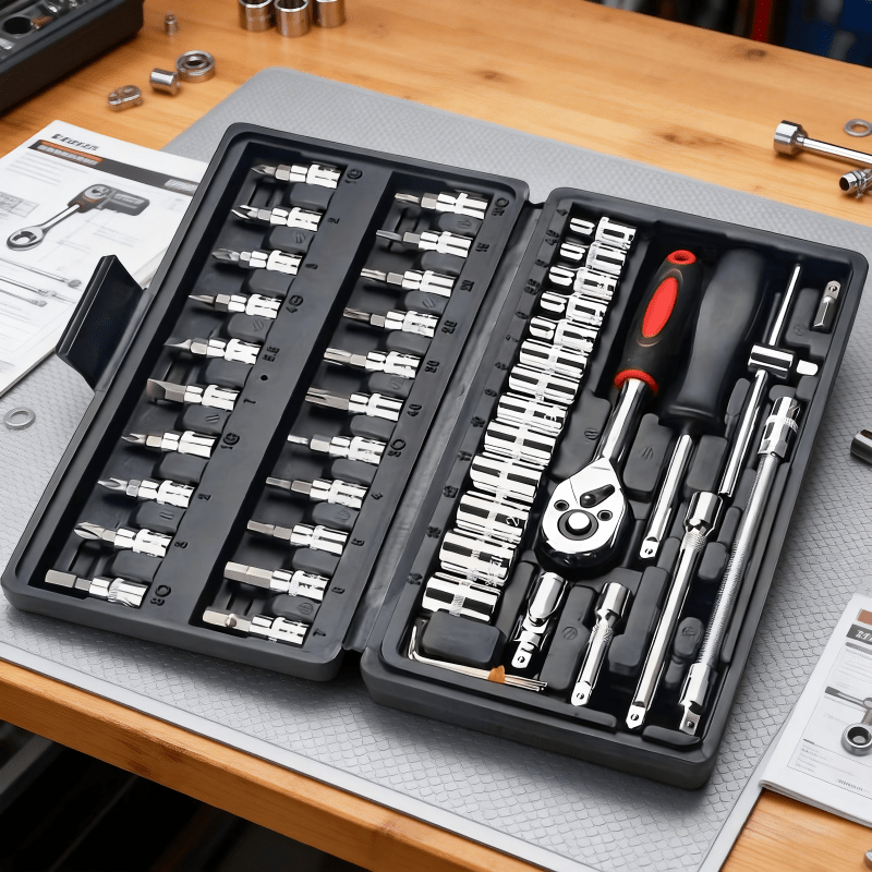 46pcs Heavy-duty Carbon Steel Auto Repair Tool Set | Includes Ratchet Wrenches, Sockets, Shockproof Toolbox, and Additions - Ideal for Projects and Auto Maintenance