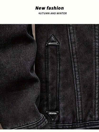 Men's Spring/Autumn Denim Jacket - Casual Chic Style, Black Blend with Red Accents, Button-Up with Flap Pockets, Long Sleeves, Ideal for Hiking & Casual Attire, Outdoor Apparel|Classic Denim Style|Durable Fabric