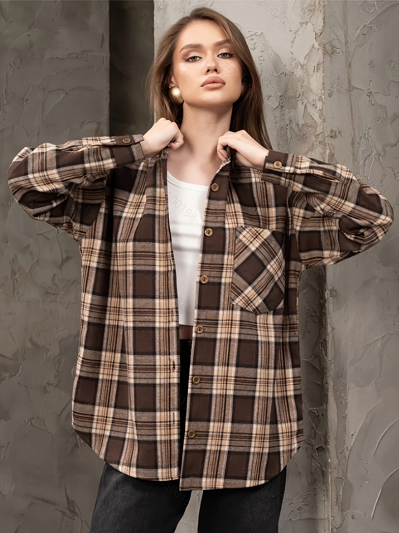 Plaid Long Sleeve Women's Casual Blouse with Lapel Collar