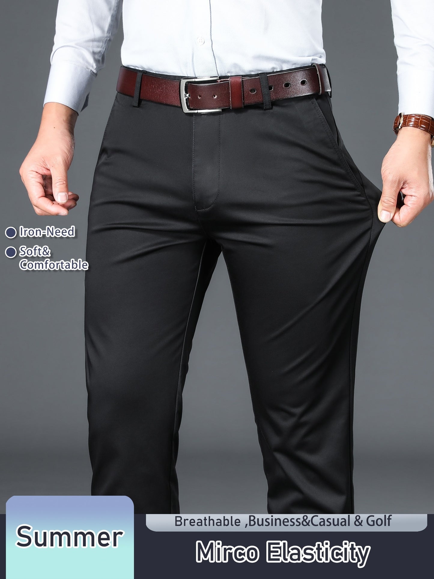 Men's Solid Color Straight Leg Business Style Cotton Blend Pants, Casual Comfy Breathable Outdoor Trousers As Gift