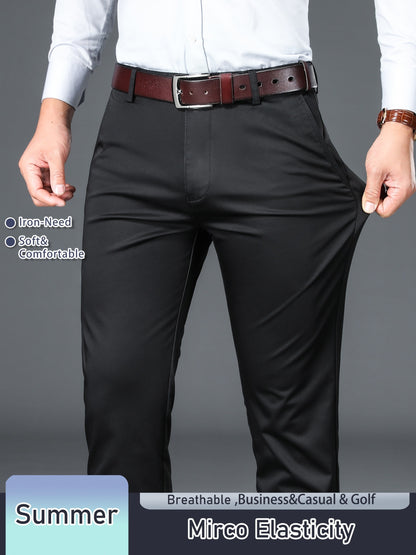 Men's Solid Color Straight Leg Business Style Cotton Blend Pants, Casual Comfy Breathable Outdoor Trousers As Gift