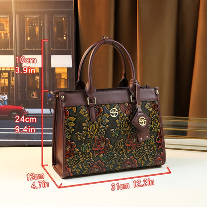 Vintage Floral PU Handbag for Women with Zipper Closure