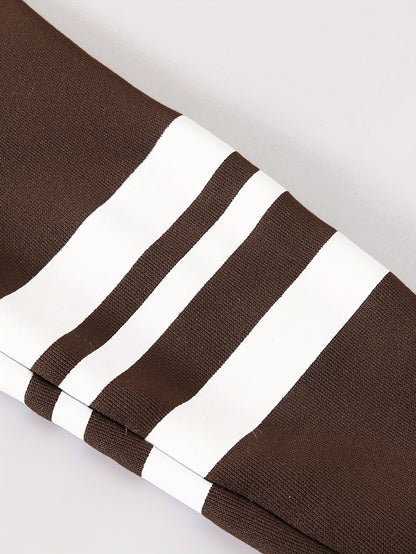 ' Autumn/Winter New Thickened Fleece-Lined Hooded Jacket with Striped Print on One Side, Warm and Stylish Zip-Up Sweatshirt Top + Solid Color Drawstring Straight Leg Pants, Fashionable Classic Versatile Casual Long Pants 2pcs