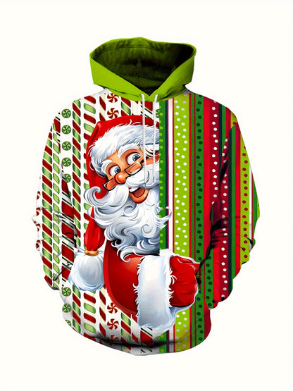 Plus Size Men's Funny Christmas Hoodie- Festive Santa Claus& Snowflake Print, Red& White Holiday Sweatshirt with Pockets, Casual Long Sleeve Pullover for Fall& Winter, Perfect Christmas Gift, Christmas Clothes, PLUS SIZE