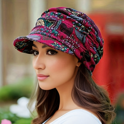 Women's Lightweight Newsboy Cap With Breathable Fabric, Floral Print, Durable Polyester Blend, Perfect For Daily Wear