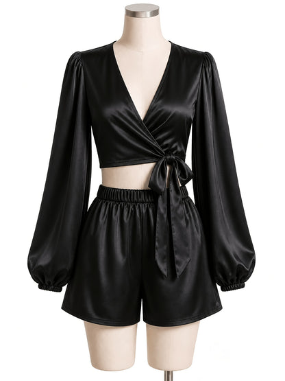 Black Satin Puff Sleeve V-Neck Tie Front Top and Shorts Set