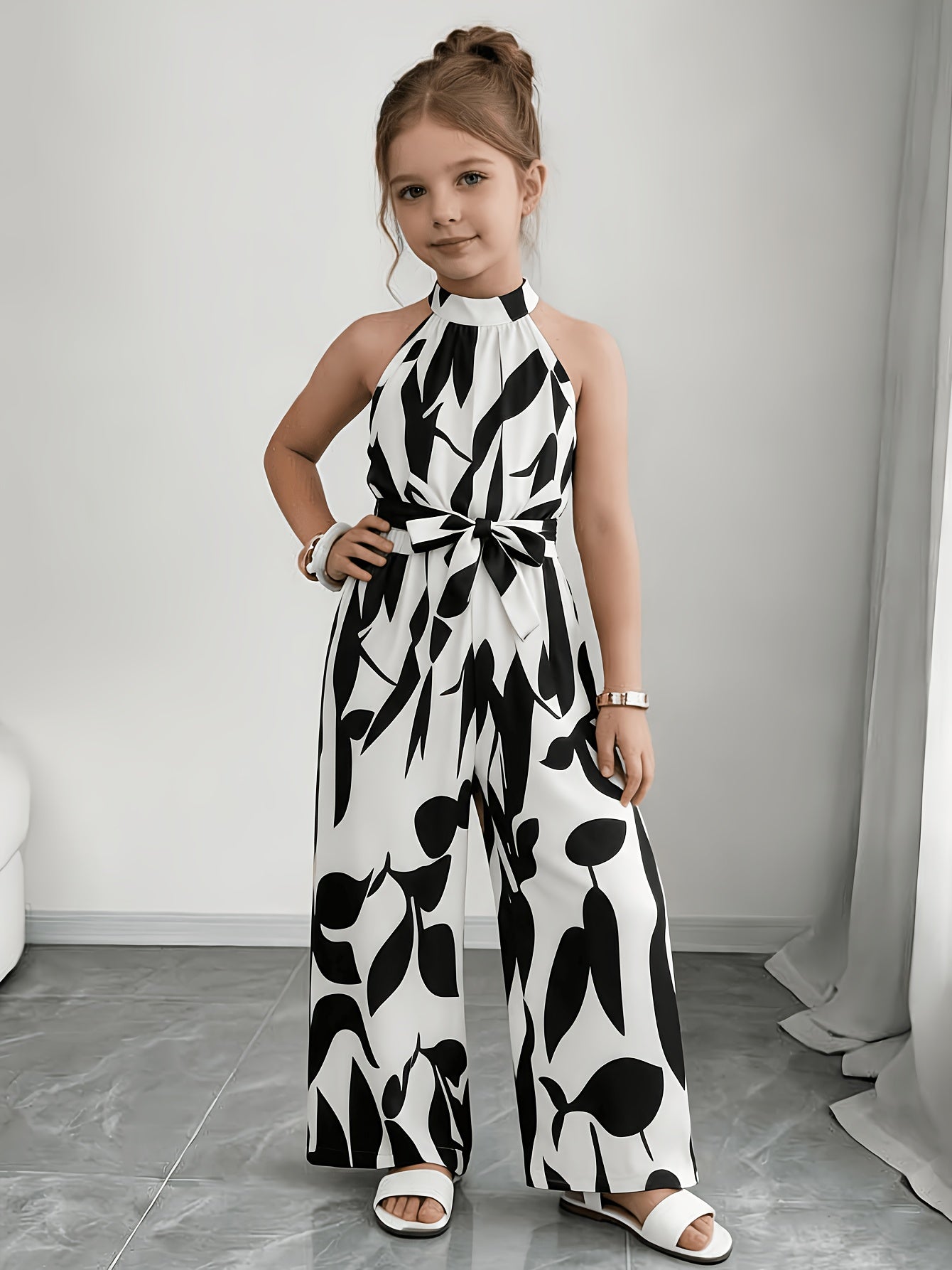 Girls Sleeveless Geometric Jumpsuit with Belt - Elegant Summer Wear