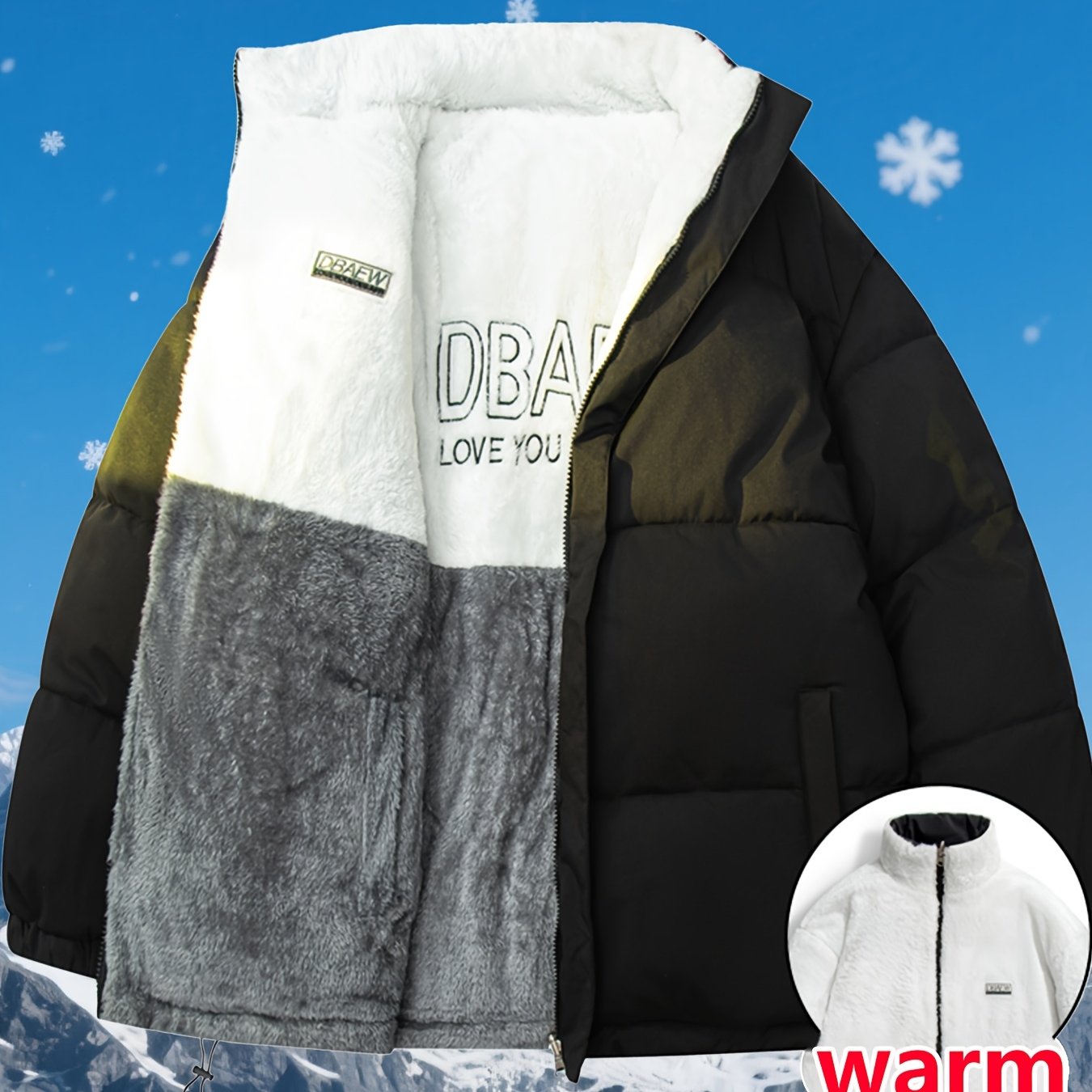 Men's Dual-Sided Insulated Jacket with Full-Zip Closure & Stand Collar - Reversible Winter Coat with Warm Filling, Machine Washable, White & Black Outer Layers, Casual & Formal Outerwear for Skiing, Snowboarding, Everyday Use