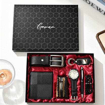 7pcs/set-Men's PU Leather Business Casual Watch Set (wallet + Belt + Keychain + Bracelet + Watch + Pen + Rosary), Minimalist Quartz Watch Set, Exquisite Watch Gift Box, Valentine's Day Gift Box.