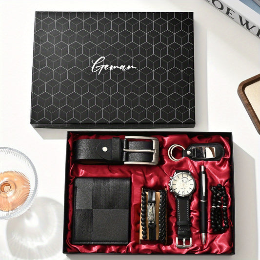 7pcs/set-Men's PU Leather Business Casual Watch Set (wallet + Belt + Keychain + Bracelet + Watch + Pen + Rosary), Minimalist Quartz Watch Set, Exquisite Watch Gift Box, Valentine's Day Gift Box.